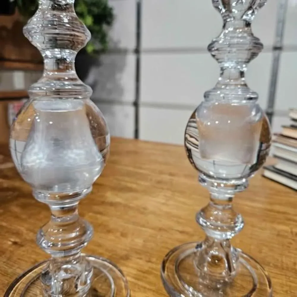 Pair tall clear glass decorative candle holders